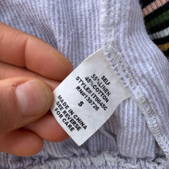 Honey Punch light blue/white stripes cropped top, elastic shoulder wrap, Small - Picture 8 of 8